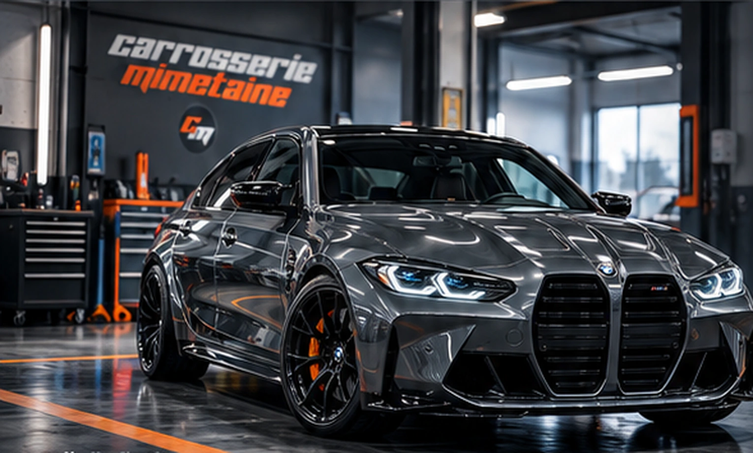 BMW M3 grise dans une ambiance d'atelier automobile